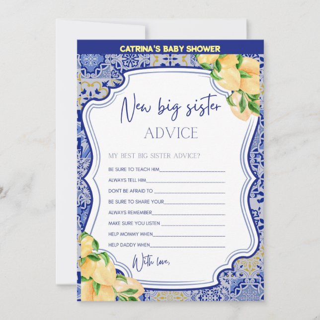 Lemon Blue Tiles Baby Shower - Bearbeitbarer Name, Einladung (Vorderseite)