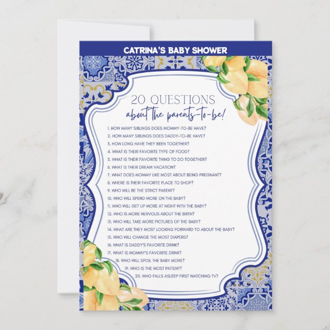 Lemon Blue Tiles Baby Shower - Bearbeitbarer Name, Einladung (Vorderseite)