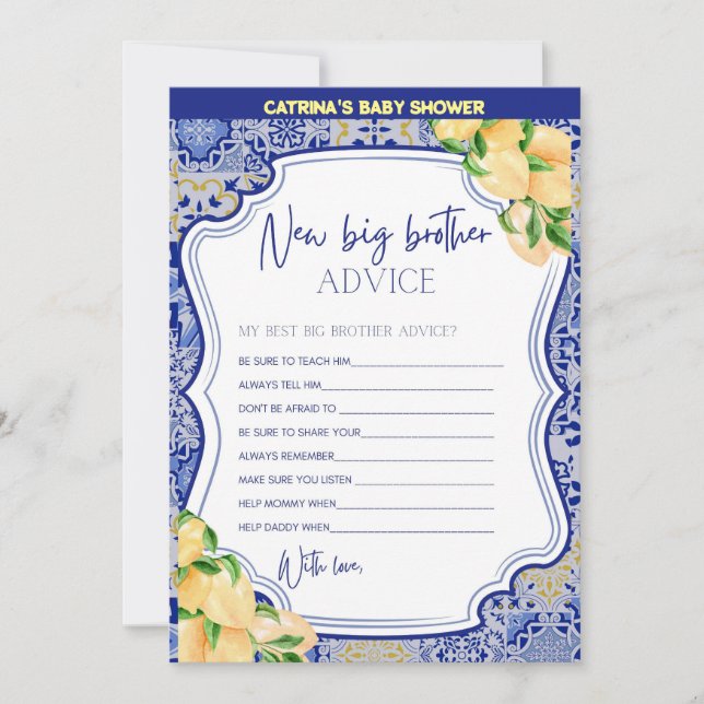 Lemon Blue Tiles Baby Shower - Bearbeitbarer Name, Einladung (Vorderseite)