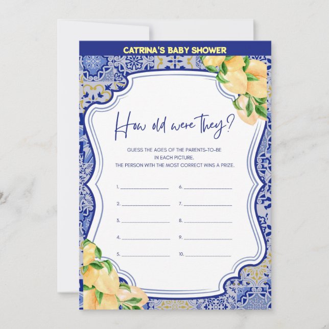 Lemon Blue Tiles Baby Shower - Bearbeitbarer Name, Einladung (Vorderseite)