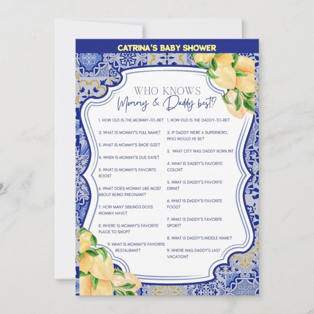Lemon Blue Tiles Baby Shower - Bearbeitbarer Name, Einladung (Vorderseite)