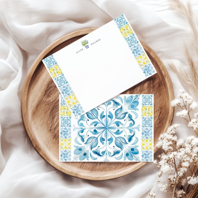 Lemon Blue Tiles Stationery Mitteilungskarte (Von Creator hochgeladen)