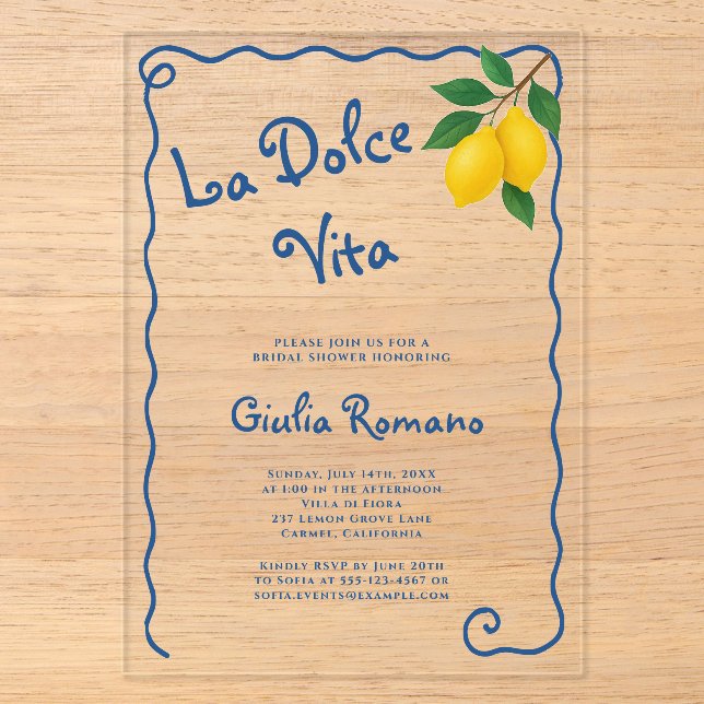 Lemon Blue Whimy Frame La Dolce Vita Brautparty Acryleinladungen (Vorderseite)