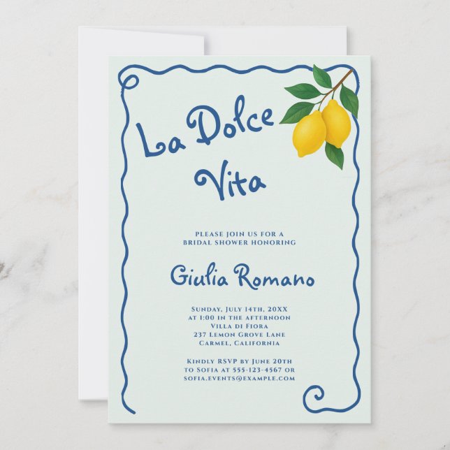 Lemon Blue Whimy Frame La Dolce Vita Brautparty Einladung (Vorderseite)