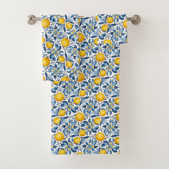 Lemon Botanical Blue and Yellow Summer Print Badhandtuch Set (Insitu)