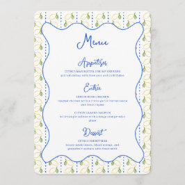 Lemon Botanical Citrus Blue & Yellow Chic Hochzeit Menükarte