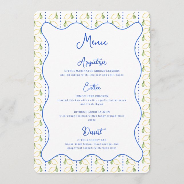 Lemon Botanical Citrus Blue & Yellow Chic Hochzeit Menükarte (Vorderseite)