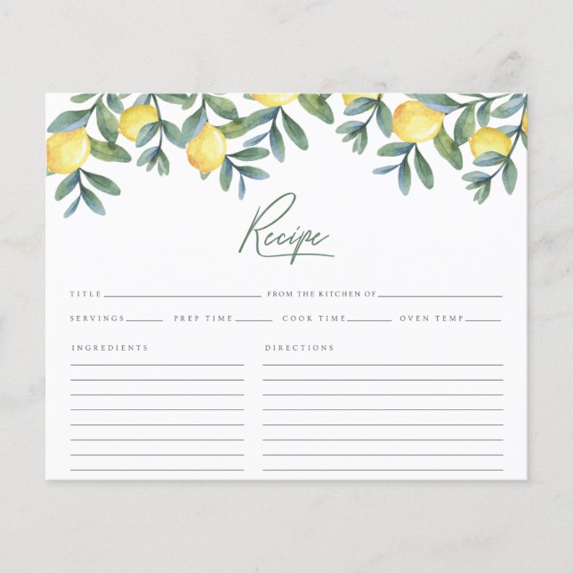 Lemon Botanisches Brautparty Rezept Karte (Vorderseite)