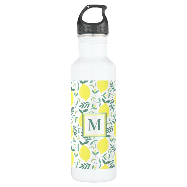Lemon botanisches Monogramm-Muster Edelstahlflasche (Vorderseite)