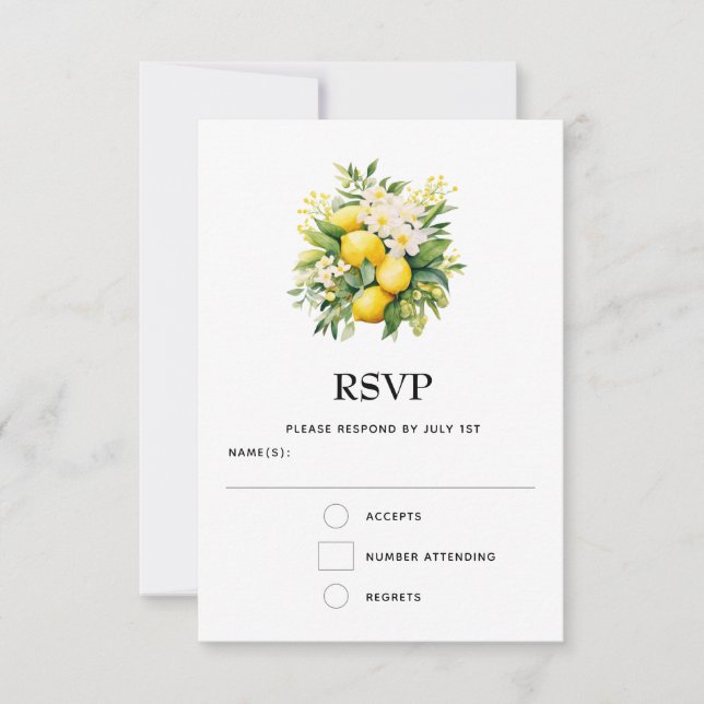 Lemon Bouquet mit einer Hochzeit mit weißen Blüten RSVP Karte (Vorderseite)