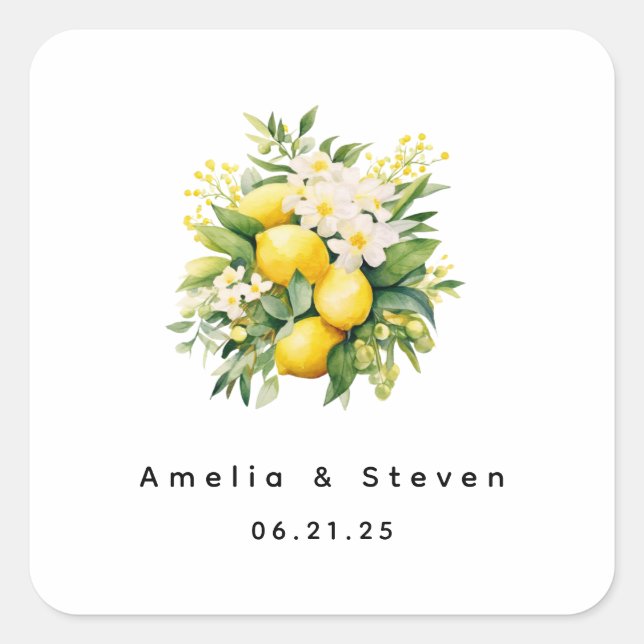 Lemon Bouquet mit weißen Blüten - Hochzeit Quadratischer Aufkleber (Vorderseite)