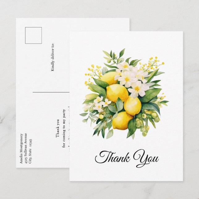 Lemon Bouquet mit weißen Blüten Vielen Dank Postkarte (Vorne/Hinten)