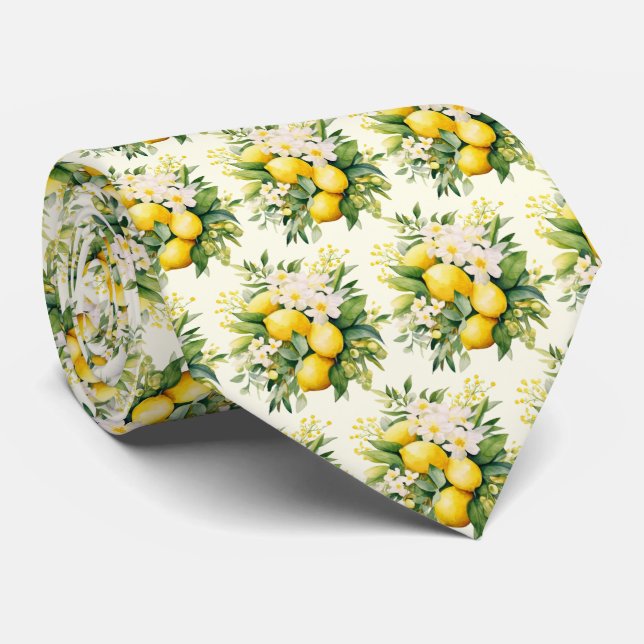 Lemon Bouquet with White Blossoms Pattern Krawatte (Gerollt)