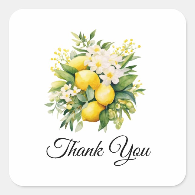 Lemon Bouquet with White Blossoms Thank You Quadratischer Aufkleber (Vorderseite)