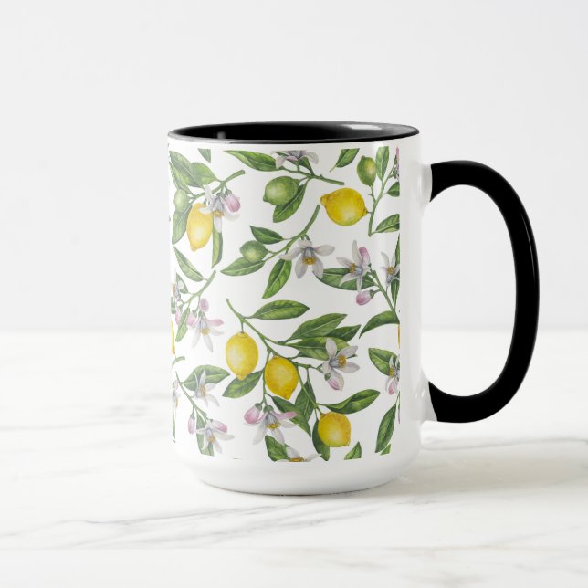 Lemon branches with blossoms and fruit on white tasse (Rechts)