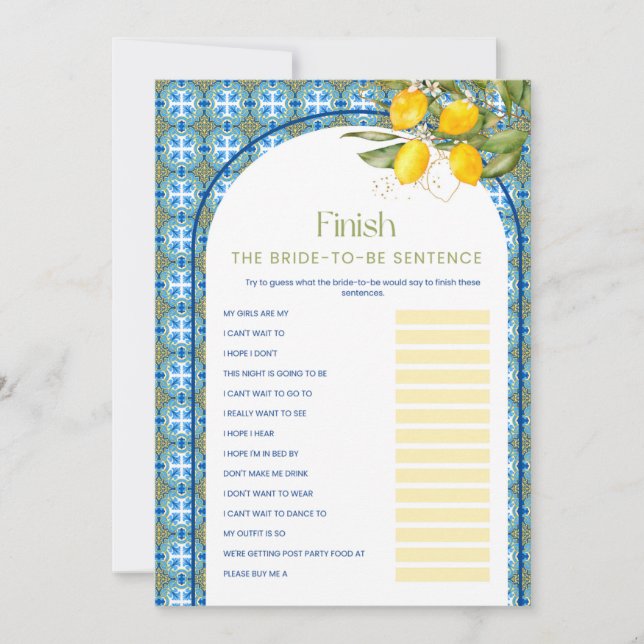 Lemon Brautparty beendet die Sentence Game Card Einladung (Vorderseite)