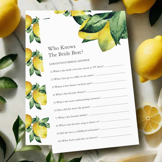 Lemon Brautparty Games Kennen Sie die Brille Flyer (bridal shower games who knows the bride best features a watercolor lemon theme)