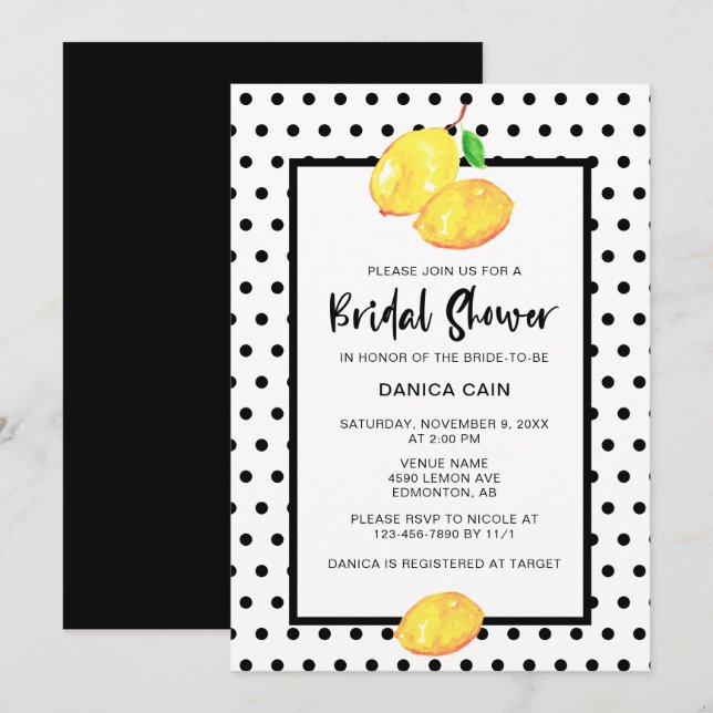 Lemon Brautparty Hand Lettering Polka Dots Einladung (Vorne/Hinten)