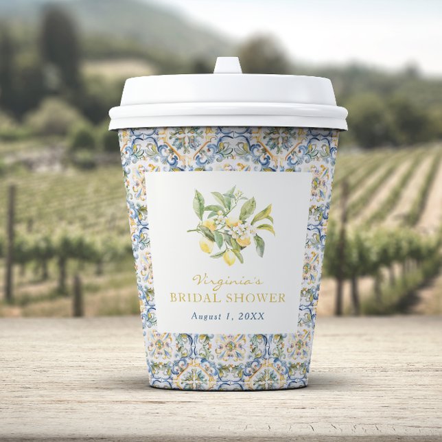 Lemon Brautparty Pappbecher (Italian Lemon Blue Bridal Shower Paper Cups by Painted Paperie
)