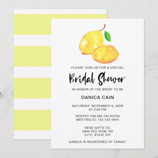 Lemon Brautparty virtuell online Elegant simpel Einladung (Vorne/Hinten)