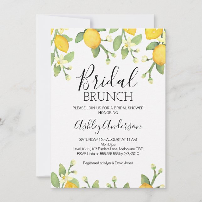Lemon Bridal Brunch Bridal Dusche Einladung (Vorderseite)
