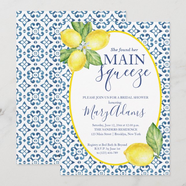 Lemon Bridal Dusche Einladung, Blue Tile Italienis Einladung (Vorne/Hinten)