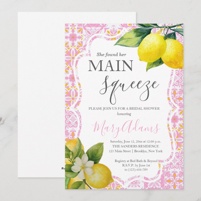 Lemon Bridal Dusche Einladung, Pink Tile Italienis Einladung (Vorne/Hinten)