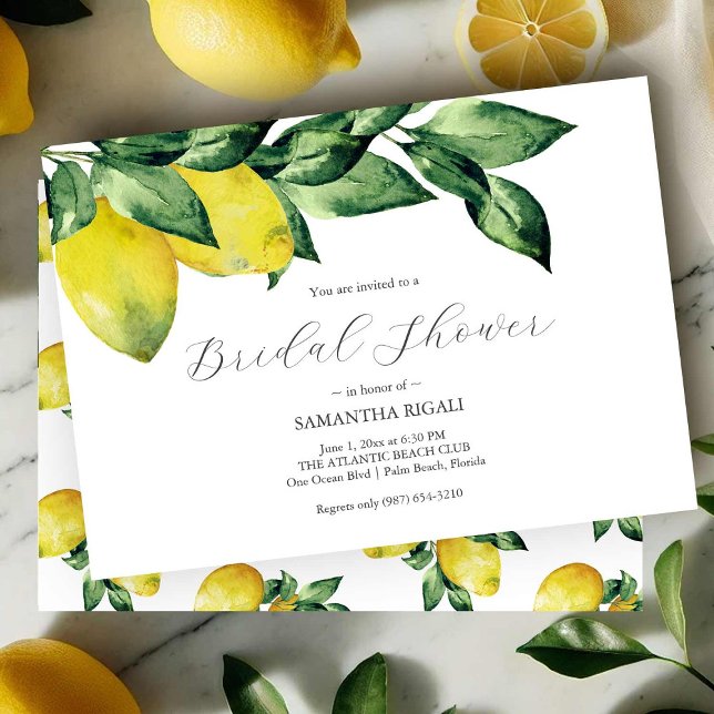 Lemon Bridal Duscheinladungen | Horizontal Einladung (Watercolor lemons bridal shower invitations art by Victoria Grigaliunas of Do Tell A Belle)