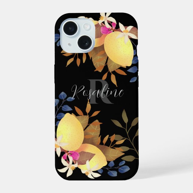 Lemon Chic Monogram Black iPhone 15 Hülle (Rückseite)