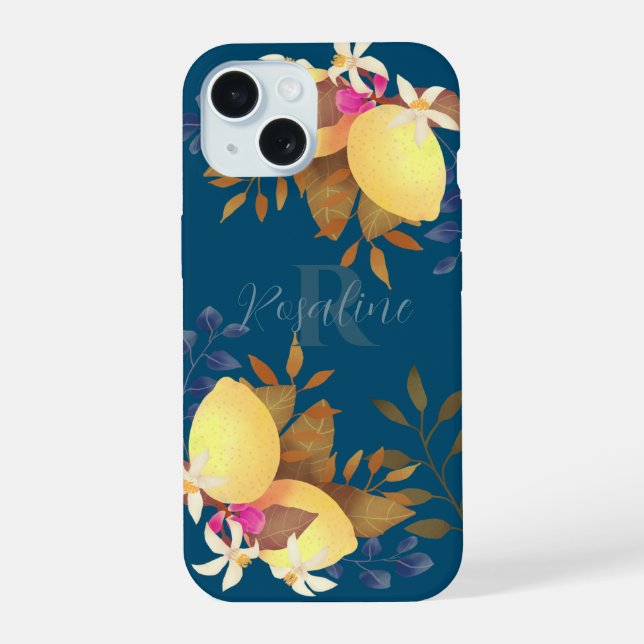 Lemon Chic Monogram Turquoise iPhone 15 Hülle (Rückseite)