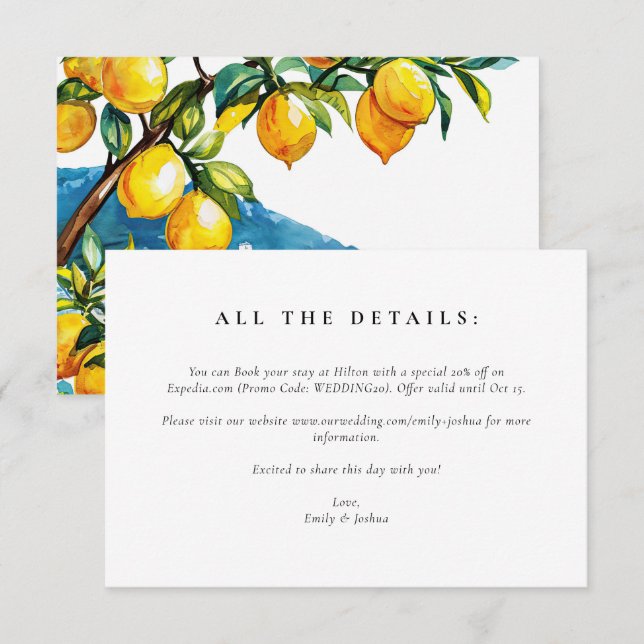 Lemon Citrus Amalfi Küste Hochzeit Begleitkarte (Vorne/Hinten)