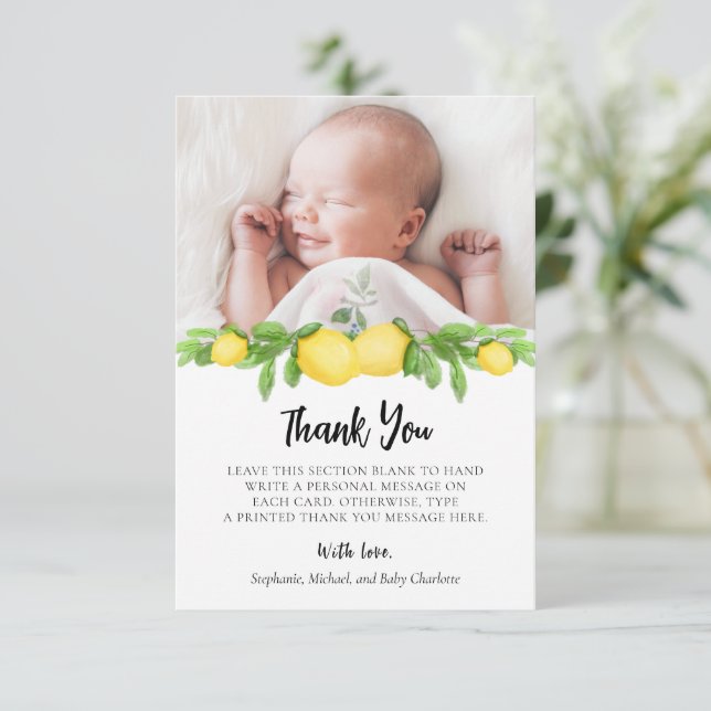 Lemon Citrus Baby Dusche Foto Dankeskarte (Stehend Vorderseite)