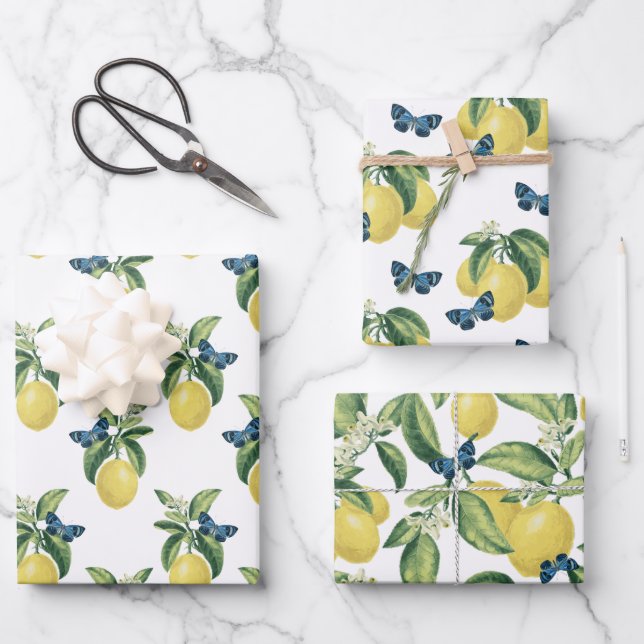 Lemon Citrus Blue Butterfells Geschenkpapier Set (Vorderseite)