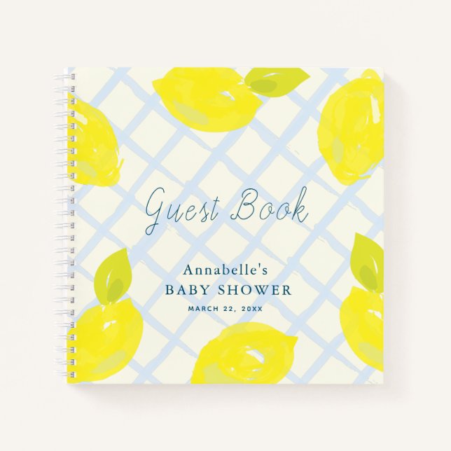 Lemon Citrus Blue Karo Baby Shower Guest Book Notizbuch (Vorderseite)