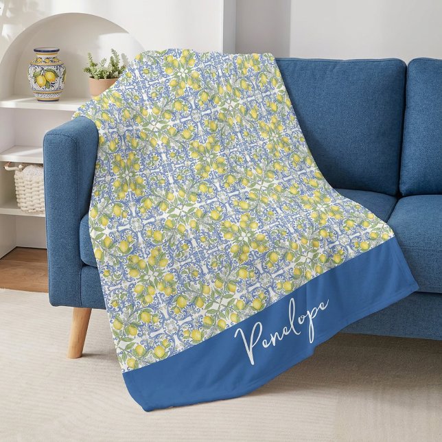 Lemon Citrus Blue Mediterranean Tile Pattern Fleecedecke (Lemon Citrus Blue Mediterranean Tile Pattern Fleece Blanket)