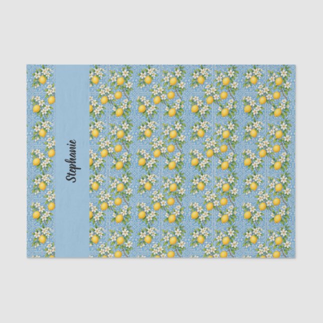 Lemon Citrus Blue Tile Pattern Monogram Name Seidenpapier (Vorderseite)