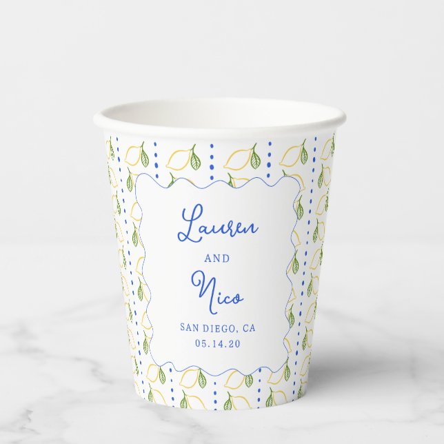 Lemon Citrus Blue & Yellow Amalfi Custom Wedding Pappbecher (Vorderseite)