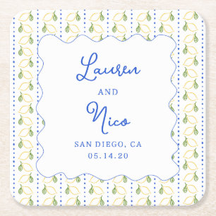Lemon Citrus Blue & Yellow Amalfi Custom Wedding Rechteckiger Pappuntersetzer