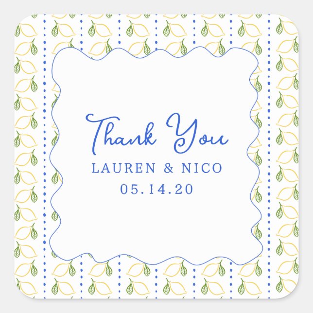 Lemon Citrus Blue & Yellow Wedding Vielen Dank Quadratischer Aufkleber (Vorderseite)