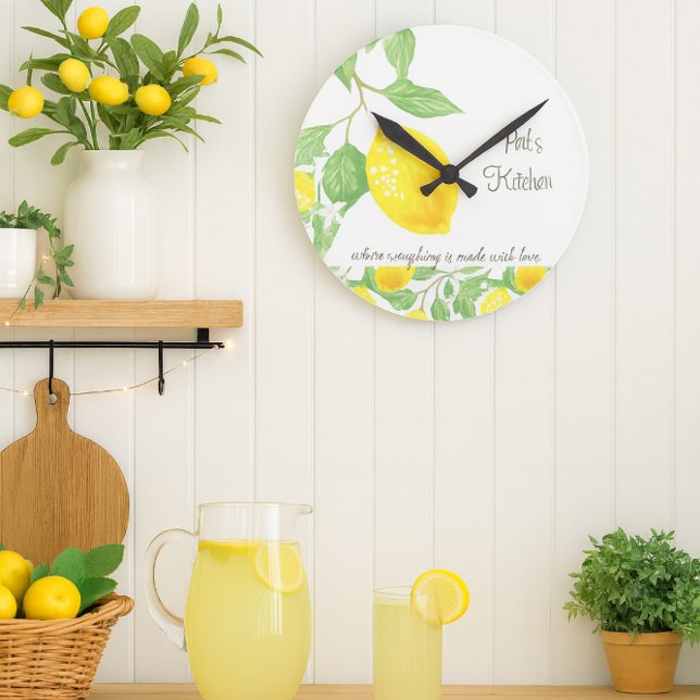 Lemon Citrus Custom Kitchen Wall Clock Runde Wanduhr (Personalize this cheerful lemon citrus wall clock with a name. It makes an excellent gift )