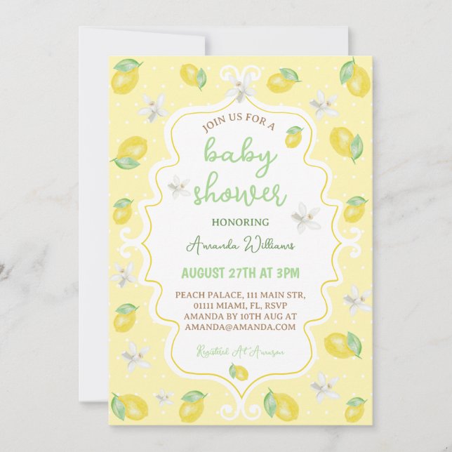 Lemon Citrus Floral Baby Dusche Einladung (Vorderseite)