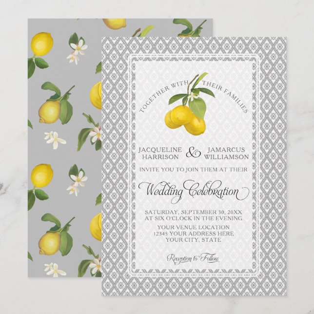 Lemon Citrus Floral Grau gelbe weiße Hochzeit Einladung (Vorne/Hinten)