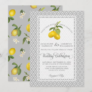 Lemon Citrus Floral Grau gelbe weiße Hochzeit Einladung