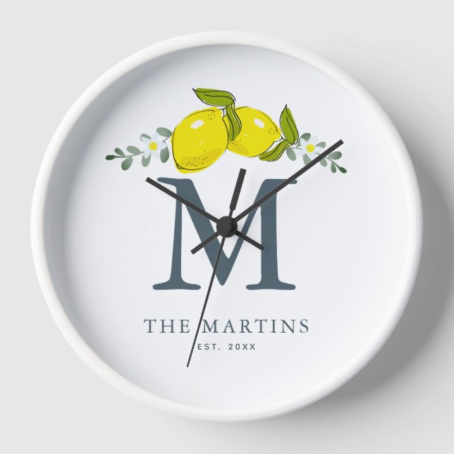 Lemon Citrus Floral White Monogram Uhr (Vorderseite)