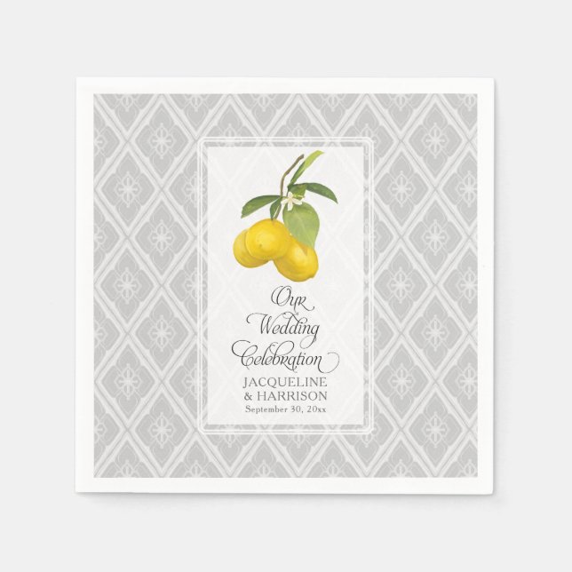 Lemon Citrus Floral Yellow Gray White Wedding Serviette (Vorderseite)