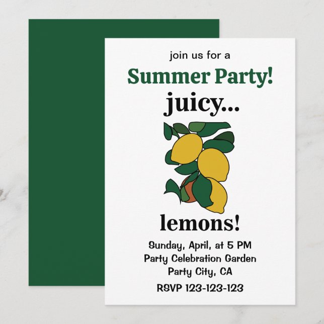 Lemon Citrus Fruit Summer Party Einladung (Vorne/Hinten)