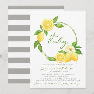 Lemon Citrus Green Gray Stripe Unisex Baby Dusche Einladung
