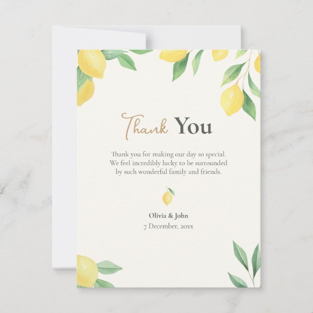 Lemon Citrus Green Wedding with Photo Back Dankeskarte (Vorderseite)