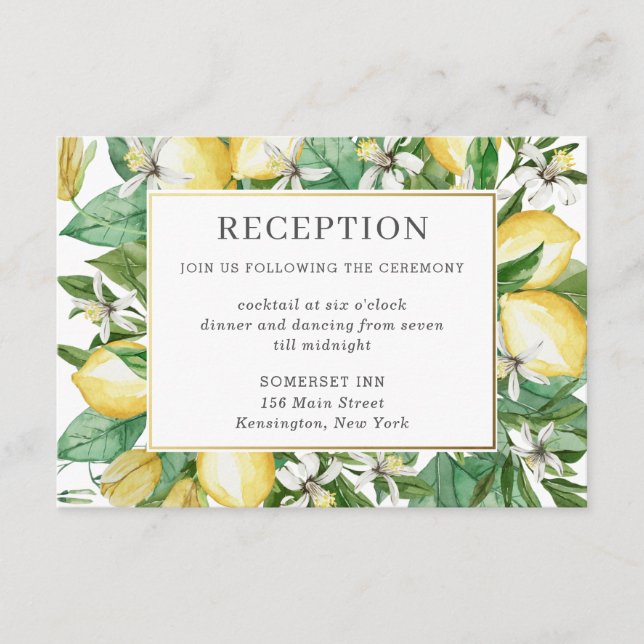 Lemon Citrus Greenery Floral Wedding Empfang Begleitkarte (Vorderseite)