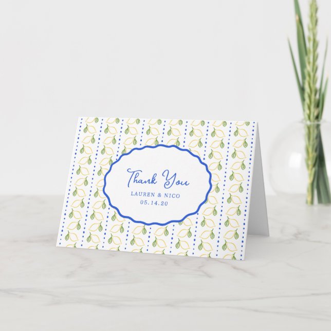 Lemon Citrus Italienisch Blue & Yellow Custom Wedd Dankeskarte (Vorderseite)
